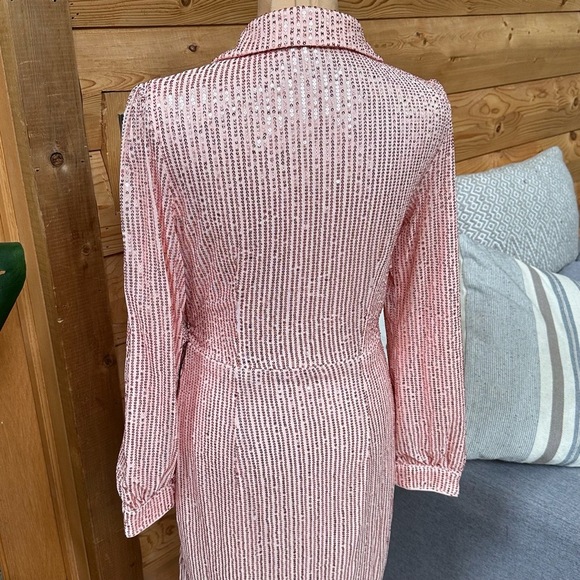DOUBLE CRAZY Pink Sequin Long Sleeve V Neck Tie Waist Collared Wrap‎ Dress Sz S - Picture 13 of 16